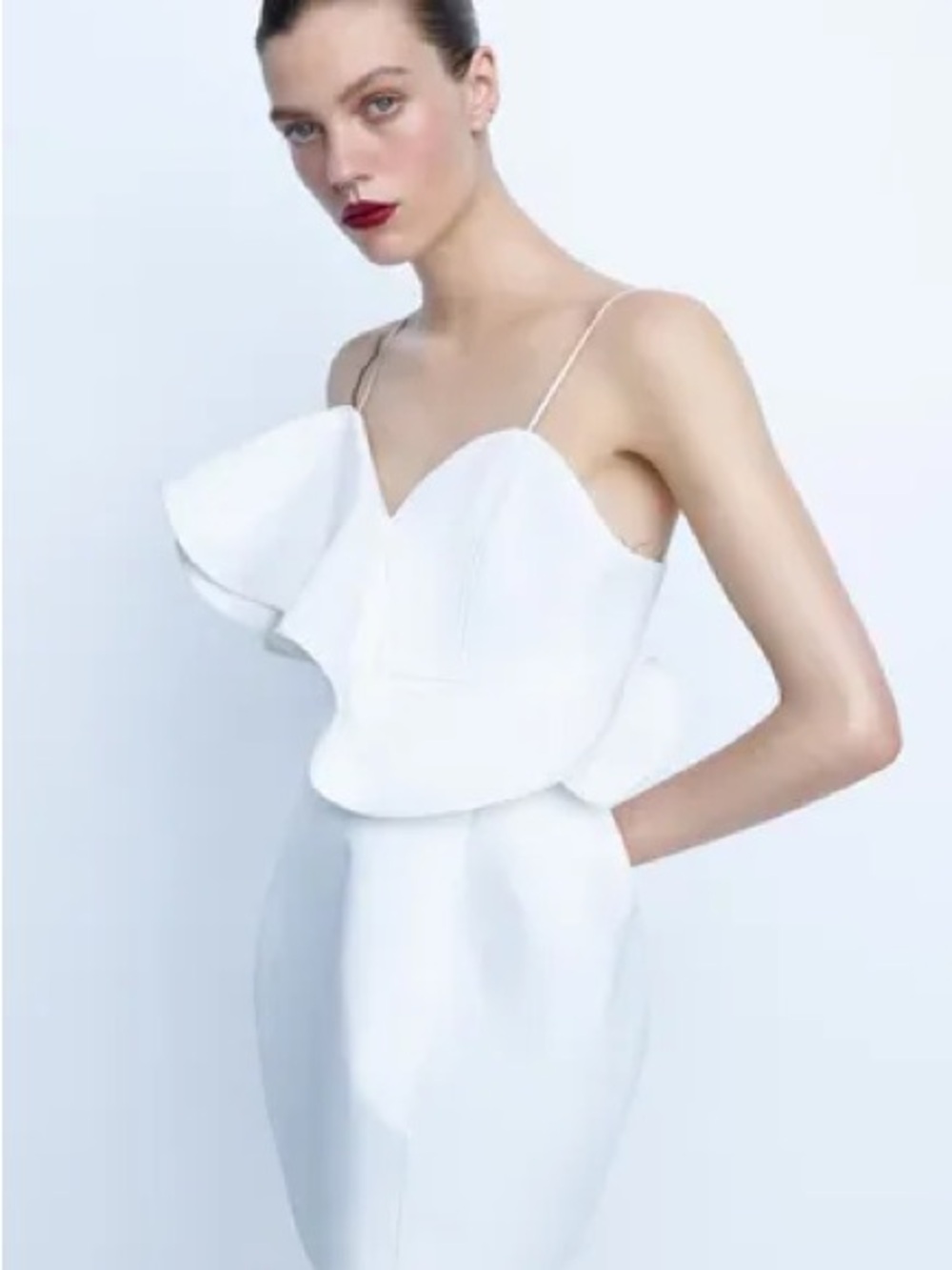Zara White Ruffle Mini Dress with boning and Spaghetti Straps